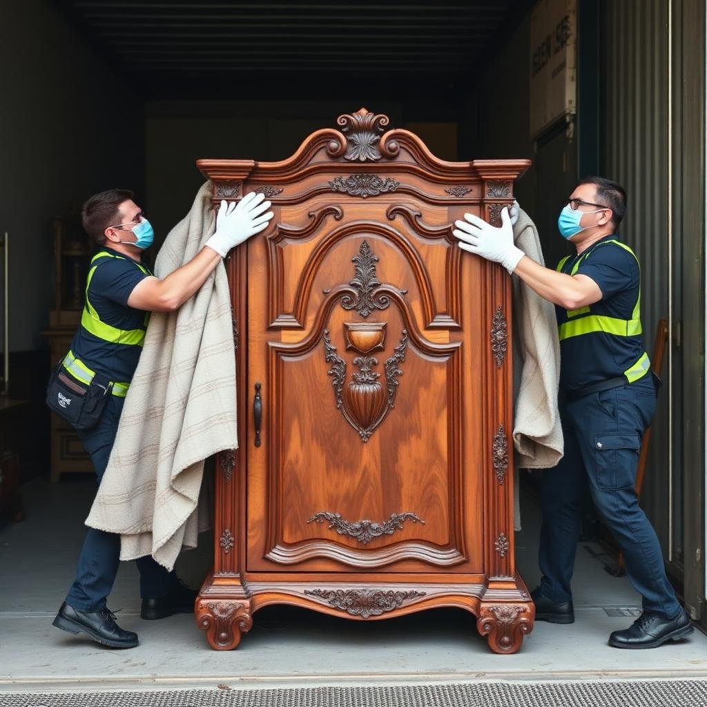 Movers carefully handling antique furniture
