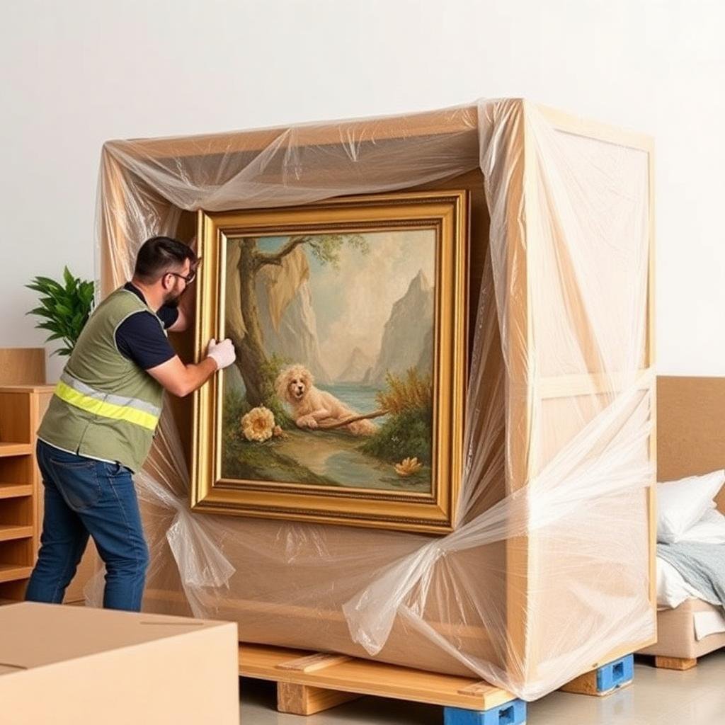 Movers carefully packing fragile artwork