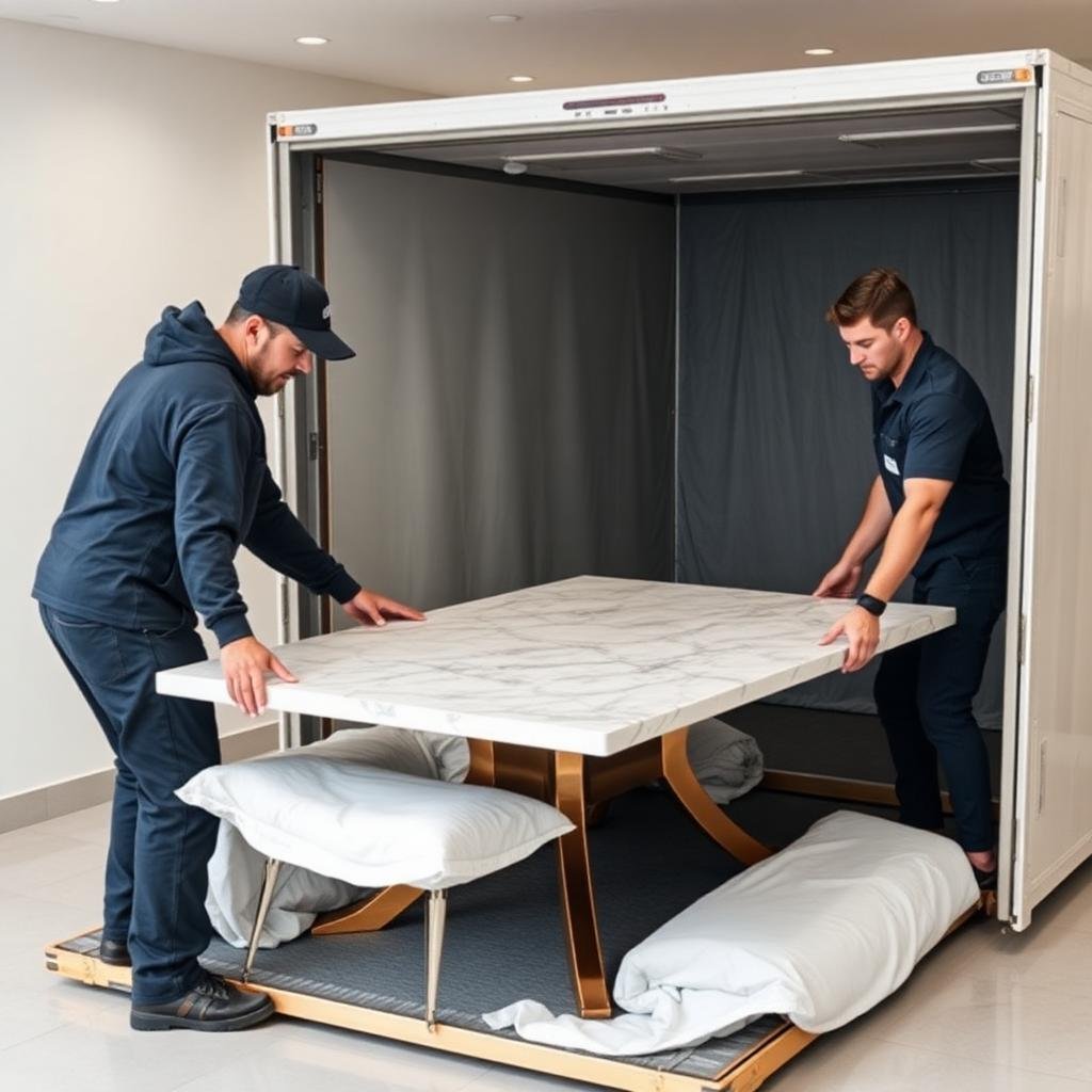 Movers carefully handling a glass and marble table