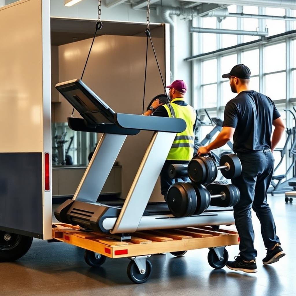 Movers carefully handling gym equipment