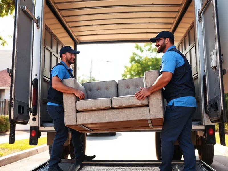 Two of our professional movers carefully carrying a sofa