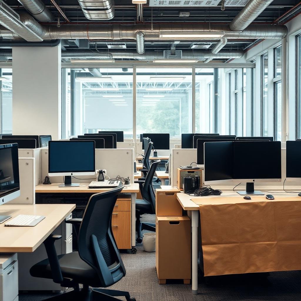 Movers carefully handling office equipment