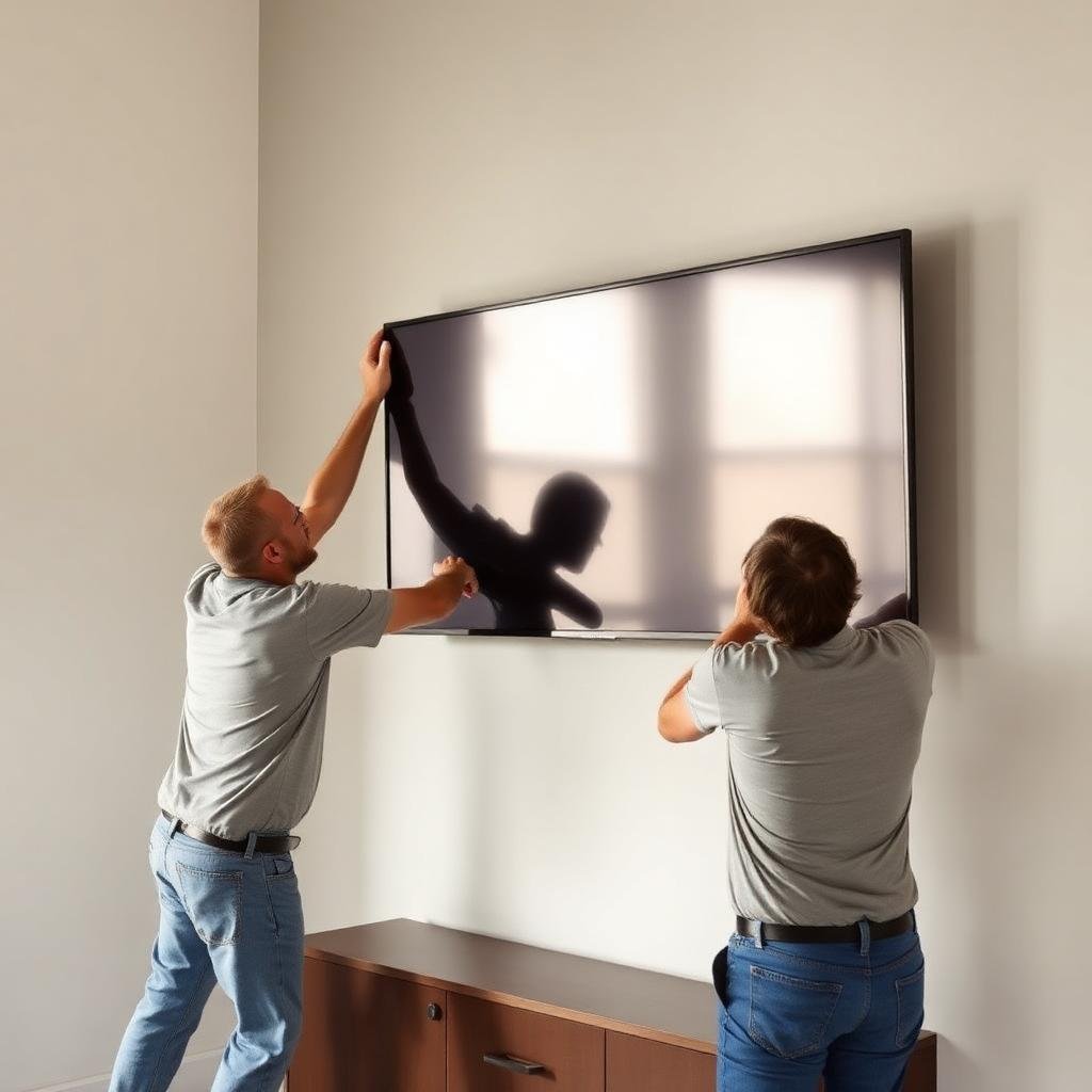 Movers carefully handling a large screen TV